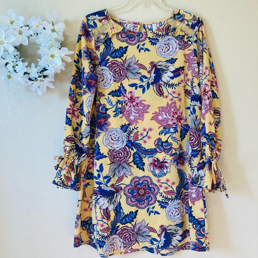 Xhiliration-Floral Mustard Keyhole Dress-S